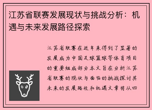 江苏省联赛发展现状与挑战分析：机遇与未来发展路径探索