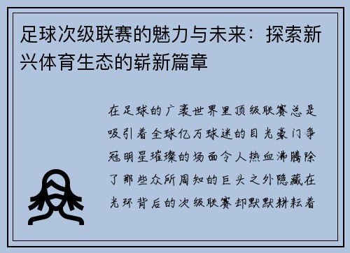 足球次级联赛的魅力与未来：探索新兴体育生态的崭新篇章