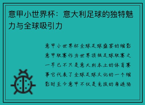 意甲小世界杯：意大利足球的独特魅力与全球吸引力