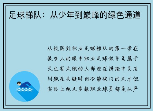 足球梯队：从少年到巅峰的绿色通道